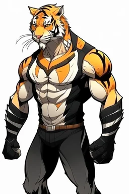 Anime man side character with dark , hybrid with tiger ,small muscles, aged 30, wearing a tiger superhero suit