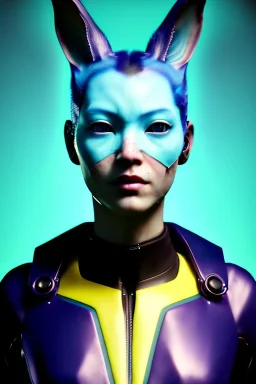 Medium Close Up Portrait, Front image. cyberpunk, rabbit mask, asian woman, cyber hair. Latex suit army. white, yellow, color. Wolverine style. Color background, photo studio. Avatar image, highly detailed, concept art, smooth, unreal engine 5, ray tracing, RTX, lumen lighting, ultra detail, volumetric lighting, 3d, finely drawn, high definition, high resolution.