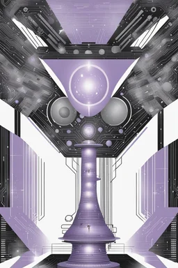 illustration, black and white art, minimalism, fall, rise, birth of androids in an hour-long pale purple plasma funnel with no end in sight, digital walls, with complex codes, programming language, numerical numbers, metallic lines, chips, circuits, dark colors, the creepy image of a transhuman future. On the walls, abstract and geometric shapes, digital and programmed art, cyber futurists, spash art, abstract style, surreal mode, minimalism