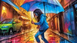 Comic style, A rainy evening in a city, where a female Hispanic artist is seen painting a vibrant mural under an umbrella, with reflections of the colorful artwork shimmering on the wet pavement., pastel, soft tones, blurry, muted colors, long exposition motion blur, graphic illustration, comic art graphic novel art, highly detailed