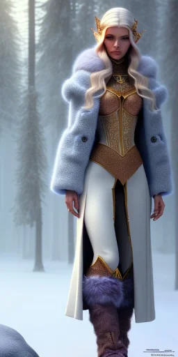 Cute elven female adventurer with ears out of her hairsdressed in a warm overcoat, wearing boots on paves, posing frontally, in style of Cedric Peyravernay Art, microdetails, ultradetailed --ar 2:3 --beta --upbeta --upbeta