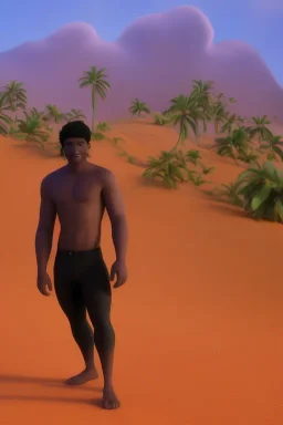 3D render of a cyberpunk tribal young black man, black afro hair, ragged shirt, on a orange dune background, digital art