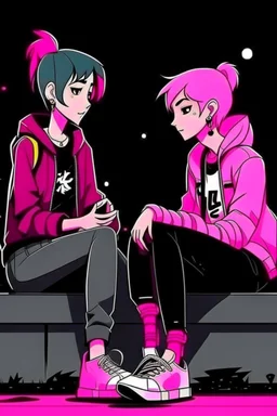 2D animasyon gece oturmuş birbirleri ile sohbet eden 2 kız kısa saçlı ve daha güzel kıyafetler daha detaylı punk tarzı saçları farklı biri diğerine platonik biri pembe tonlu giyiyor