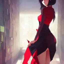 Insane pretty young woman short red black dressed. by wlop, ilya kuvshinov, krenz cushart, greg rutkowski, pixiv, sarah j. maas book cover style magician at the end of a corridor, smooth, sharp focus, d & d style, artstation, 4 k, hdr