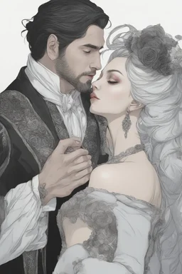 Strahd Von Zarovich, long black hair, being kissed on the mouth by a beautiful woman with white hair, wearing an off the shoulder dress. Settling and background are a lavish toomb with an ebony coffin.