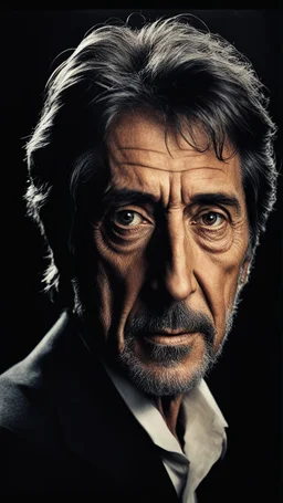 Radiant black background. Al Pacino , top view camera, art by Deborah Turbeville, wide angle lens, Alessio Albi, Paul Strand, Russ Mills, (tiny details:1.5), close-up, fast shutter speed, defined direction, studio lighting, kodachrome warm, masterpiece, hyper detailed, distortion, hipstamatic, bokeh,