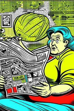 fat woman sitting on sofa READING NEWS PAPER listening to radio watching tv news WITH BIG BOTTLE OF SODA AND EATING BIG BAG OF POTATO CHIPS in a room with signs of propaganda in the style of roy lichtenstein