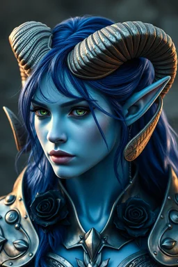 The captivating Elven woman with light blue skin and ram-like horns on her head with a powerful allure. Her nature is seductive and she wears armor of light metallic silvery plates, decorated with black roses upon them. He Indigo hair cascades down her neck and the sides of her face with a powerful seductive alluring face. Her eyes are a powerful emerald green.
