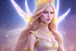 beautiful, very soft, smiling, very straight and long blonde hair, dewy and shiny vibe, diamond crown, long fairy wings in the back, full head, golden veil clothes, smiling, bachground light pink and blue