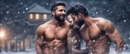 Hyper realistic shirtless muscular shahid kapoor hugging Justin timberlake at snowfall night