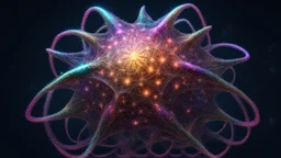 accurate stellated buckyball with protruding organic tentacles, wonderful, beautiful, complete, floating in outer space in the milky way, iridescent, luminescent, reflective, multicolored, fractal texture, exquisite composition, bokeh, beautiful precise intricate insanely detailed octane render trending on artstation, 8k artistic photography, photorealistic concept art, soft natural volumetric cinematic perfect light, chiaroscuro, award-winning photograph, masterpiece, style of M. C. Escher