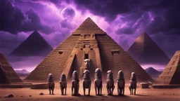 Hyper Realistic 5 Alien-Pharaohs guarding a prehistoric-pyramid with their galactic-weapons in-perfect-symmetrical-order & galactic-dog-pet & ancient ruins behind them with purple-cloudy-sky at dark-heavy-rainy-night giving dramatic & cinematic ambiance