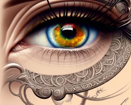 a detailed illustration of an eye, intricate details, realistic, digital art, meticulously detailed iris, bright colors, perfectly round eye, MidJourney style