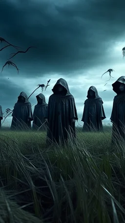 A group of scary large black hooded evils figures with glowing white eyes looking at you in the background and out of this world galaxy in a blue and gray cloud of stormy weather a many sticks fixed ultra hi quality picture with cinematic science, tragedy, a small black birds far in hovering in the horizon in the big field of grass near front view