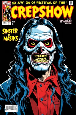 Cover of text "CREEPSHOW" Magazine, "Sinister Festival of Masks" story, Eldritch, sharp colors, high contrast, vintage horror, by Bill Elder, by John Buscema, ultra detailed, retro pulp magazine cover, ink illustration, dramatic, visceral style, creepy, weird, lovecraftian, "CREEPSHOW"