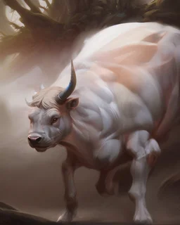 Minotaur, half man. Half bull crw majestically galloping through the dense forest in the style of Doug Hyde , fantastical landscape, soft strokes , mythology portrait, classic illustrated digital design