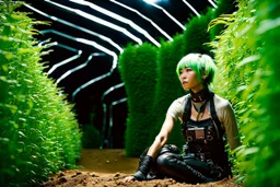 Unground solar punk tunnels, cinematic, extreme dof, dystopian, sci-fi, award-winning, Yui working hard in a long winding garden, National Geographic, breath taking, oxygen farm but outside is a desert, fantasy, magical