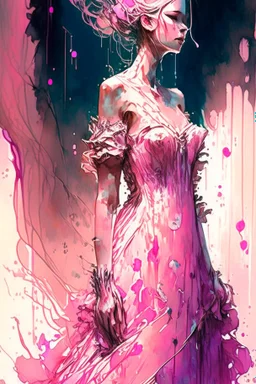 a beautiful bride in pink dress,Watercolor: brush strokes: ink drip: ink spots: by Android Jones: By Ismail Inceoglu and Jean Baptiste mongue: James Jean: Erin Hanson: Dan Mumford: professional photography, natural lighting, volumetric lighting maximalist photoillustration 8k resolution concept art intricately detailed, complex, elegant, expansive, fantastical