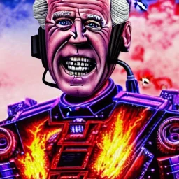 CRAZY Joe Biden caricature, cyberpunk, landscape, transformers, hi-tech robots, GUITARS, cinematic, highly detailed, close up, 4k, deep colors, gold, fire, red, purple, dark, ethereal, utopia, apocalypse, flying Cadillac, from outer space