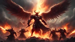 a high quality digital painting of advanced (warrior angels) obliterating (demons) on the battlefield of (Armageddon), angels versus demons, epic battle scene, mythical creatures, powerful energy effects, dark and fiery atmosphere, divine intervention, dynamic composition, glowing weapons, cinematic, high detail, fantasy artwork, 4k