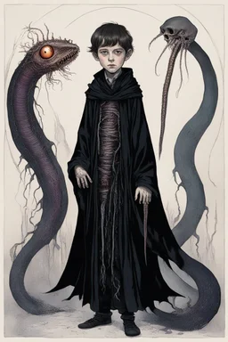 7 year old boy, necromancer, friendly, looks dead,with a long lamprey emerging from his belly , wearing black robes, in the style of Harry Clarke
