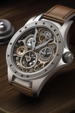 "Craft a visually striking image of a silver AP watch, featuring a unique integration of cogs on the watch face, representing the steadfast nature required during the mid-journey of life."