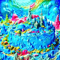 Detailed creepy landscape made of cake-frosting, city, sun, Amano, Roger Dean, strong texture, Ernst Haekel, extreme detail, intrcate, colours, Max Ernst, Sam Raimi, rich moody colours, sparkles, blue eyes, octane render, 55mm photography