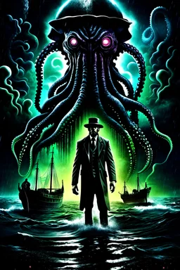 mashup of crime noir and Lovecraftian mythos, heist at sea, supernatural creatures, book cover style, multilayered photography and artwork, wild artistic interpretation, esoteric, cosmic horror theme
