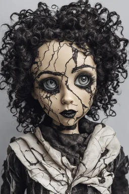 full color, closeup illustration of a dark, menacing, curly haired, black clad motorcycle girl, as a decayed, broken, crude homemade cloth doll toy, with a cracked porcelain face, thick dark eyebrows, hair made from ragged strips of cloth, in the style of Alex Pardee, Tim Burton, and Nadya Sheremet