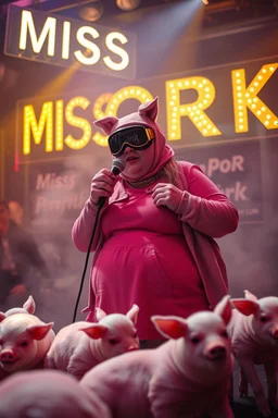 a very fat swedish girl, with skimask with called "Fröken Fläsk" performing at dance club, her name is "Fröken Fläsk" piglets On stage, yellow Neon lights and smog, and "FRÖKEN FLÄSK" big sign on the wall, she singing with mic