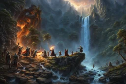 skeletons, zombies, banshees, wraiths and ghosts fighting a wizard at the foot of a 3.000 feet high waterfall. fantasy setting, horror. exquisite realism, a masterpiece, fantasy concept art, dynamic lighting, hyperdetailed, intricately detailed, deep color, Unreal Engine, volumetric lighting, Epic cinematic brilliant stunning intricate meticulously detailed dramatic atmospheric maximalist digital matte painting