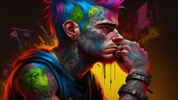 multicolored background, drawing, love, punk hooligan man, tattoo, high resolution, Artstation trends, fine details, 8K
