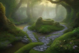  winding stone path lit river