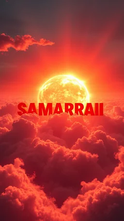 A huge ball of fire above swirling “ clouds, the word “ SAMARRAI “ in 3D colour red emerges from the heart of a raging storm , all red. Turbulent winds of steam swirl around the sun lit by shafts of sunlight that cast dramatic shadows on the A beautiful sun , all in red colours , High quality 16k cinematic scene and great photography