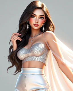 A stylized 3D render of Madison Beer portrayed as a glamorous modern pop icon with a soft yet confident aura. She has radiant, porcelain skin, long voluminous dark brown hair cascading in gentle waves, and captivating hazel eyes framed by bold lashes and shimmering makeup. Her outfit is a chic, form-fitting ensemble—a glittering silver crop top paired with high-waisted satin pants and a long translucent cape that flows behind her, catching the light. Delicate jewelry—crystal earrings, layered ne