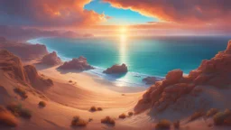 the coast of a desert. fantasy, cinematic lighting, hyper realisme, Hyperrealistic, splash art, concept art, mid shot, intricately detailed, color depth, dramatic, 2/3 face angle, side light, colorful background