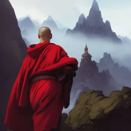 Portrait of a monk, red robe, mountain background, fog, face front, grimdark, Frank Frazetta, Greg Rutkowski, hyperdetailed, dnd, trending on Artstation, Splash screen art, dynamic lighting, hyperdetailed, intricately detailed, a masterpiece, 8k resolution, high contrast, bearded,