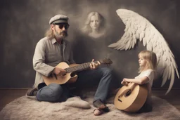 An angel handsome man with a very very!!! short, grey beard and moustache and a grey beret, with round black sunglasses and a shining halo plays guitar, in front of him a 7-year-old girl with blonde-brown hair is listening with her head propped on her elbow on a carpet, ethereal, heavenly, otherwordly, cinematic postprocessing, shading pastel and charcoal in sunshine, watercolor