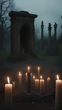 Still from the film, an ancient crypt, a gloomy abandoned cemetery in the background, around a candles