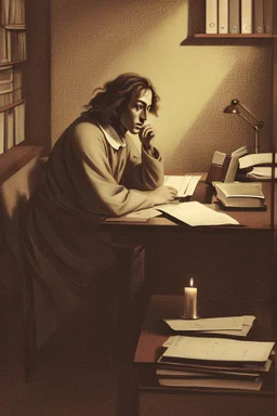 [Spinoza reading at a desk] As Spinoza sat at his desk, the gentle glow of candlelight flickered, casting mesmerizing shadows on his weathered face. His eyes, deep pools of contemplation, gazed thoughtfully at the pages before him, revealing the intensity of his intellectual pursuit. The room was a sanctuary of solitude, allowing him to immerse himself in the realm of metaphysical thought. Spinoza's high forehead, crowned by thick, unruly hair that fell slightly over his brows, accentuated his