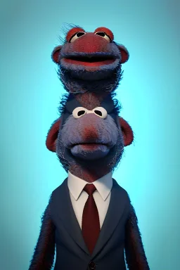 Waist up muppet Portrait, Vladimir Putin as muppet doll, Black suit, photo studio, blue background, unreal engine 5, concept art, art station, god lights, ray tracing, RTX, lumen lighting, ultra detail, volumetric lighting, 3d.