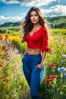 beautiful lady in nice red short top and blue pants with curvy long hair,perfect face,perfect eyes,country side,wild flowers ,blue sky nice clouds, long shot