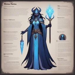 monster concept sheet with AD&D statistics and characteristics: The Great Nema, a revered figure in the realm of the Ruxa Koros, embodies ethereal beauty and commanding presence. With eyes of deep wisdom and robes that shift like magic, she exudes authority. Her magical prowess is reflected in her intricate attire, and her hair cascades like midnight. A being of mystery and power, her presence commands respect. In the Fiend Folio, The Great Nema is a Level 20 Sorcerer with proficiency in ancient