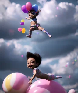 Ultra realistic speed clouds sky scene, wide angle view, child falling down with many Children background, inflatable monsters, circus dress style, feather color, free jumping flying, many trinkets, hair monster, many jelly beans, balls, color smoke, smile, happy, extreme, wind, clouds sea, 20,000 feet altitude, stratosphere, soft color, highly detailed, unreal engine 5, ray tracing, RTX, lumen lighting, ultra detail, volumetric lighting, 3d, finely drawn, high definition.