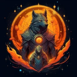 A terrible creature with a wolf's head and a human body,A shield made of fire and magic and the galaxy