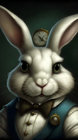 A realistic portrait of The White Rabbit: A nervous and timid creature that leads Alice to Wonderland. He is always late and carries a pocket watch. He wears a waistcoat and a pair of spectacles.
