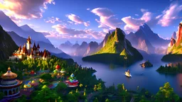 magnificent, majestic, utopian world, lots of cute animals, cinema lighting, Disney style, Realistic photography, incredibly detailed, ultra high resolution, 8k, complex 3d render, ultra sharp focus