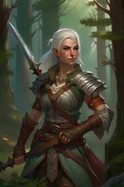 A half-elf woman with white hair is an adventurer from Baldur's Gate with a sword on her back and dressed in leather armor in an ancient forest.portrait as in the game Baldurs gate