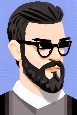 8bit profile photo of a white man with a black beard, black hair and black glasses. Fit character. Small beard.