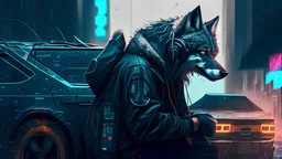 a wolf cyberpunk listen music outside the car with several speakers